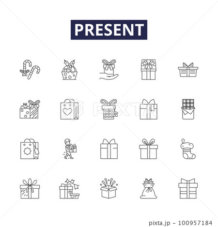 Present line vector icons and signs. Gift-wrap, Now, Offer, Show, Current, Exhibit, Exhibit-show, Exhibit-display outline vector illustration set Present line vector icons and signs. Gift-wrap, Now, Offer, Show, Current, Exhibit, Exhibit-show, Exhibit-display outline vector illustration set 100957184