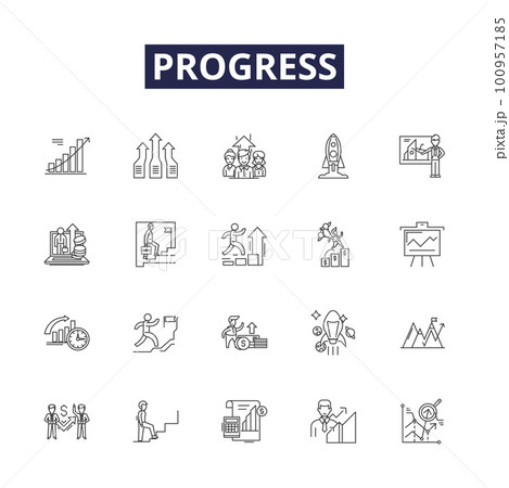 Progress line vector icons and signs. Evolve, Ascend, Grow, Succeed, Enhance, Boost, Progess, Improve outline vector illustration set Progress line vector icons and signs. Evolve, Ascend, Grow, Succeed, Enhance, Boost, Progess, Improve outline vector illustration set 100957185