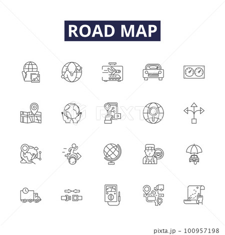 Road map line vector icons and signs. Route, Trail, Way, Guideway, Chart, Itinerary, Plan, Journey outline vector illustration set 100957198