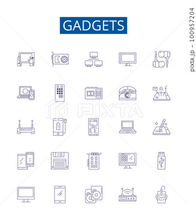 Gadgets line icons signs set. Design collection of devices, electronics, appliances, tools, technology, toys, iPhones, computers outline concept vector illustrations Gadgets line icons signs set. Design collection of devices, electronics, appliances, tools, technology, toys, iPhones, computers outline concept vector illustrations 100957204