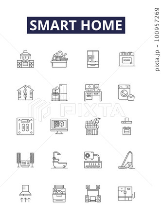 Smart home line vector icons and signs. Home, Automation, Automated, Wireless, Connected, Voice, Control, Responsive outline vector illustration set 100957269