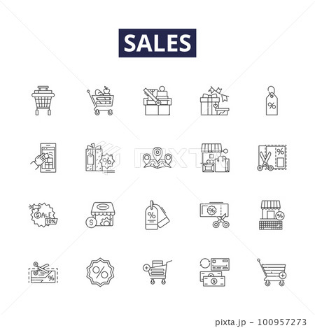 Sales line vector icons and signs. Trade, Purchases, Merchandising, Profit, Clients, Market, Retail, Supplies outline vector illustration set Sales line vector icons and signs. Trade, Purchases, Merchandising, Profit, Clients, Market, Retail, Supplies outline vector illustration set 100957273