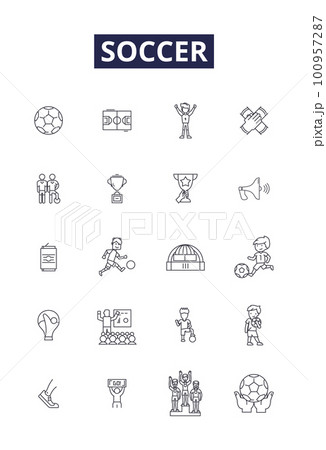 Soccer line vector icons and signs. Goal, Kick, Striker, Pass, Skiller, Defender, Pitch, Penalty outline vector illustration set 100957287