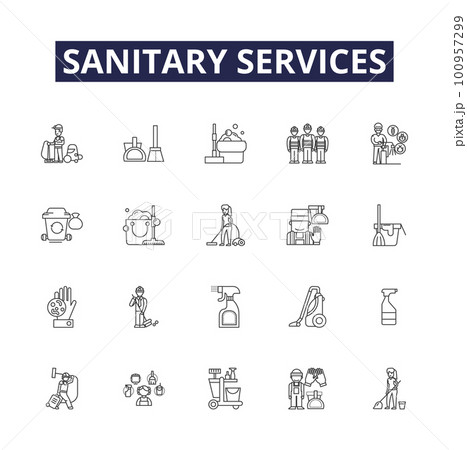 Sanitary services line vector icons and signs. Sanitation, Cleanliness, Sewerage, Waste, Disposal, Lavatories, Drains, Toilets outline vector illustration set Sanitary services line vector icons and signs. Sanitation, Cleanliness, Sewerage, Waste, Disposal, Lavatories, Drains, Toilets outline vector illustration set 100957299