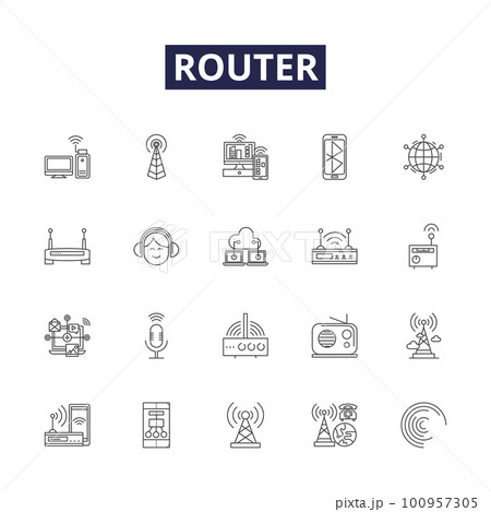 Router line vector icons and signs. Router-Switch, Networking, WiFi, 4G, ADSL, Network, Connectivity, Broadband outline vector illustration set Router line vector icons and signs. Router-Switch, Networking, WiFi, 4G, ADSL, Network, Connectivity, Broadband outline vector illustration set 100957305