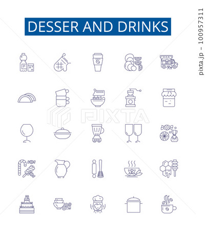 Desser and drinks line icons signs set. Design collection of Dessert, Drinks, Cocktail, Sherbet, Cake, Frappe, Smoothie, Sorbet outline concept vector illustrations 100957311