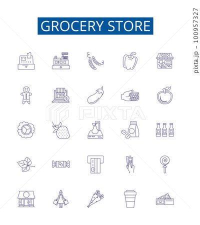 Grocery store line icons signs set. Design collection of Grocery, Store, Supermarket, Provisions, Fruits, Vegetables, Dairy, Meat outline concept vector illustrations 100957327
