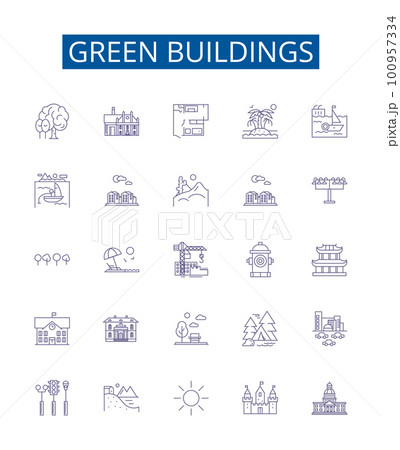 Green buildings line icons signs set. Design collection of Ecological, Sustainable, Renewable, Efficiency, Low Carbon, Recyclable, Construct, Insulation outline concept vector illustrations 100957334