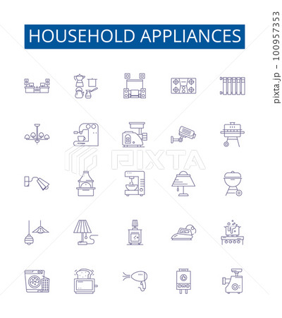 Household appliances line icons signs set. Design collection of Iron, Vacuum, Kettle, Blender, Stand mixer, Toaster, Refrigerator, Stove outline concept vector illustrations 100957353