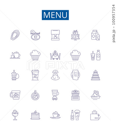 Menu line icons signs set. Design collection of Diet, Food, Cuisine, Fare, Listing, Selections, Options, Dishes outline concept vector illustrations Menu line icons signs set. Design collection of Diet, Food, Cuisine, Fare, Listing, Selections, Options, Dishes outline concept vector illustrations 100957354