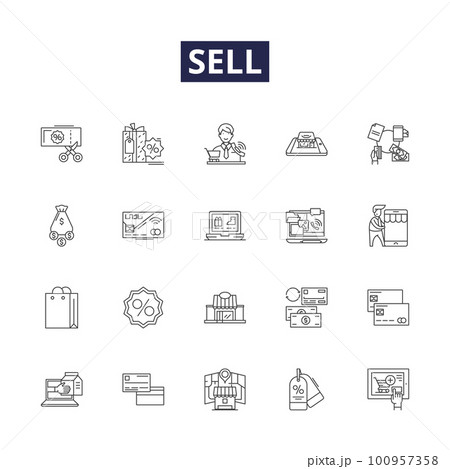 Sell line vector icons and signs. Market, Re-sell, Push, Exchange, Promote, Clearance, Exchange, Push outline vector illustration set 100957358