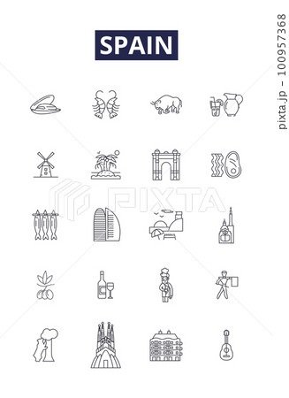 Spain line vector icons and signs. Iberian, Madrid, Barcelona, Castile, vibrant, La Liga, cuisine, culture outline vector illustration set 100957368