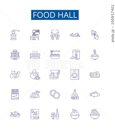 Food hall line icons signs set. Design collection of Cafeteria, Delicatessen, Restaurant, Bistro, Eatery, Stall, Cuisine, Deli outline concept vector illustrations 100957401