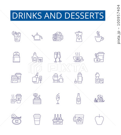 Drinks and desserts line icons signs set. Design collection of Cocktails, Beverages, Juices, Smoothies, Beer, Wine, Soup, Pasta outline concept vector illustrations 100957404