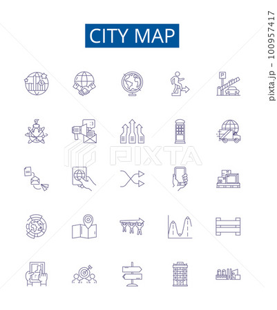 City map line icons signs set. Design collection of City, Map, Urban, Town, Geography, Chart, Plan, Guide outline concept vector illustrations 100957417