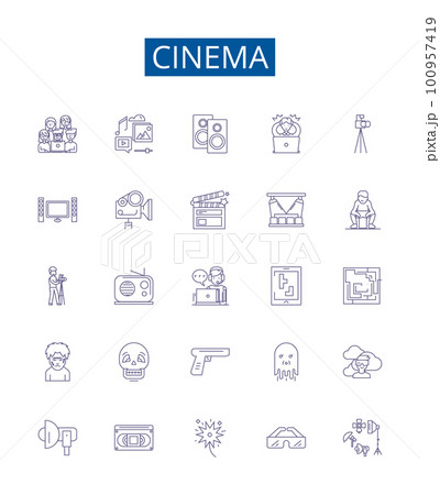 Cinema line icons signs set. Design collection of Film, Theater, Movie, Showing, Screening, Projection, Reel, Playback outline concept vector illustrations Cinema line icons signs set. Design collection of Film, Theater, Movie, Showing, Screening, Projection, Reel, Playback outline concept vector illustrations 100957419