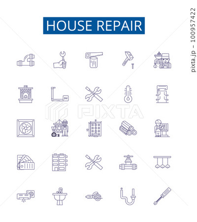 House repair line icons signs set. Design collection of Housekeeping, Plumbing, Painting, Tiling, Carpentry, Roofing, Caulking, Insulation outline concept vector illustrations 100957422