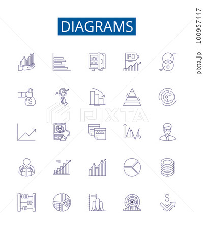 Diagrams line icons signs set. Design collection of Graphs, Charts, Maps, Plots, Tables, Images, Flowcharts, Models outline concept vector illustrations Diagrams line icons signs set. Design collection of Graphs, Charts, Maps, Plots, Tables, Images, Flowcharts, Models outline concept vector illustrations 100957447