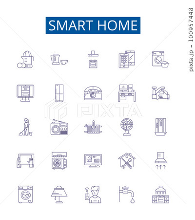 Smart home line icons signs set. Design collection of Smart, Home, Automation, Automated, Connected, IoT, Network, Security outline concept vector illustrations Smart home line icons signs set. Design collection of Smart, Home, Automation, Automated, Connected, IoT, Network, Security outline concept vector illustrations 100957448