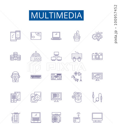 Multimedia line icons signs set. Design collection of Audio, Video, Graphics, Animation, Photos, Music, Images, Text outline concept vector illustrations 100957452