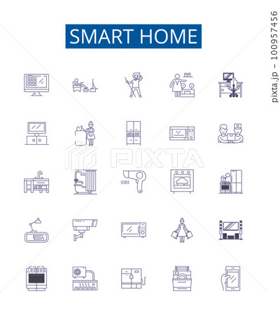 Smart home line icons signs set. Design collection of Smart, Home, Automation, Automated, Connected, IoT, Network, Security outline concept vector illustrations Smart home line icons signs set. Design collection of Smart, Home, Automation, Automated, Connected, IoT, Network, Security outline concept vector illustrations 100957456