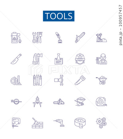 Tools line icons signs set. Design collection of Spanner, Wrench, Hammer, Pliers, Drill, Saw, Screwdriver, Ruler outline concept vector illustrations Tools line icons signs set. Design collection of Spanner, Wrench, Hammer, Pliers, Drill, Saw, Screwdriver, Ruler outline concept vector illustrations 100957457