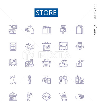 Store line icons signs set. Design collection of Shop, Market, Marketplace, Boutique, Storefront, Department, Outlet, Retailer outline concept vector illustrations 100957466