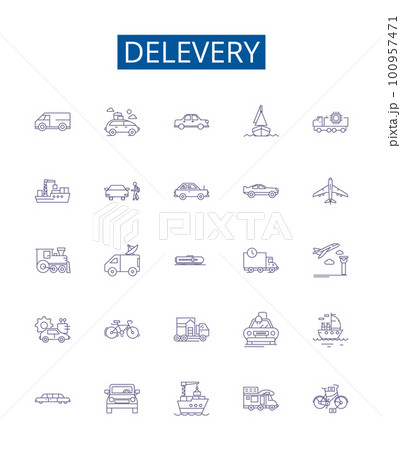 Delevery line icons signs set. Design collection of Dispatch, Delivery, Postage, Freight, Mailing, Dispatching, Shipping, Transmit outline concept vector illustrations 100957471