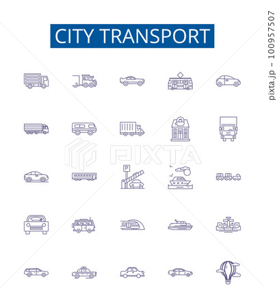City transport line icons signs set. Design collection of Urban, Transportation, Bus, Subway, Metro, Automobile, Bicycle, Taxi outline concept vector illustrations 100957507