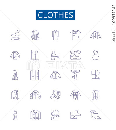 Clothes line icons signs set. Design collection of Garment, Outfit, Apparel, Clothing, Dress, Suit, Shawl, Skirt outline concept vector illustrations Clothes line icons signs set. Design collection of Garment, Outfit, Apparel, Clothing, Dress, Suit, Shawl, Skirt outline concept vector illustrations 100957582