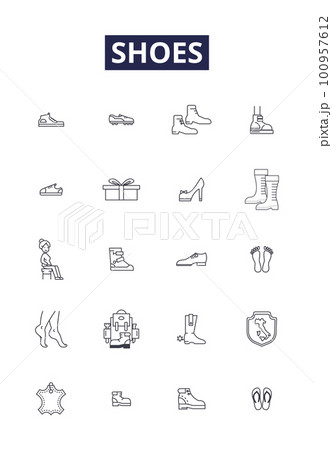 Shoes line vector icons and signs. Footwear, Heels, Flats, Pumps, Sandals, Sneakers, Loafers, Slippers outline vector illustration set 100957612