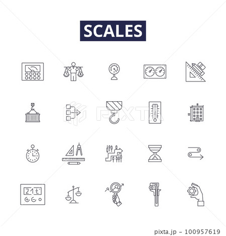 Scales line vector icons and signs. Ruler, Measurement, Metric, Dial, Weigh, Calibrate, Precision, Quantify outline vector illustration set Scales line vector icons and signs. Ruler, Measurement, Metric, Dial, Weigh, Calibrate, Precision, Quantify outline vector illustration set 100957619