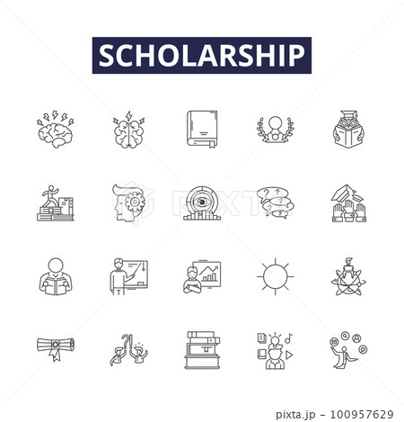 Scholarship line vector icons and signs. Award, Fund, Subsidy, Bursary, Endowment, Prize, Stipend, Financing outline vector illustration set 100957629