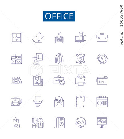 Office line icons signs set. Design collection of Office, Desk, Chair, Computer, Printer, Filing, Supplies, Stationery outline concept vector illustrations Office line icons signs set. Design collection of Office, Desk, Chair, Computer, Printer, Filing, Supplies, Stationery outline concept vector illustrations 100957660