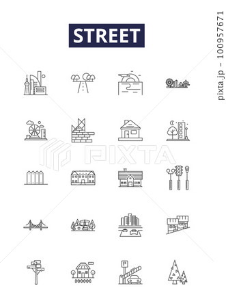 Street line vector icons and signs. urban, road, background, building, city, architecture, modern,outdoor outline vector illustration set 100957671