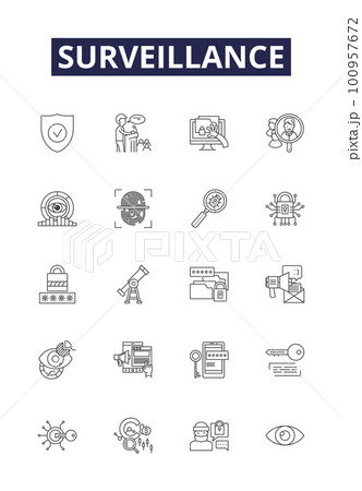 Surveillance line vector icons and signs. Observation, Supervision, Tracking, Watch, Scanning, Oversight, Guarding, Shadowing outline vector illustration set 100957672