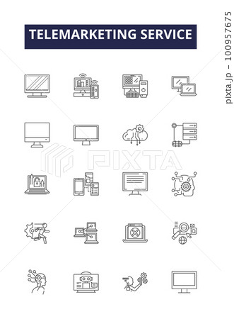 Telemarketing service line vector icons and signs. Service, Outbound, Call, Inbound, Strategies, Advertising, Sales, Promotion outline vector illustration set 100957675
