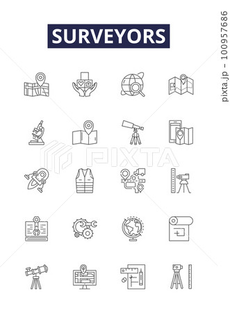 Surveyors line vector icons and signs. Mapping, Geologists, Survey, Measurement, Surveying, Geomatics, Civil, Cartography outline vector illustration set Surveyors line vector icons and signs. Mapping, Geologists, Survey, Measurement, Surveying, Geomatics, Civil, Cartography outline vector illustration set 100957686
