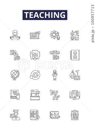 Teaching line vector icons and signs. Educating, Mentoring, Coaching, Tutoring, Guiding, Lecturing, Ally-modelling, Training outline vector illustration set 100957713