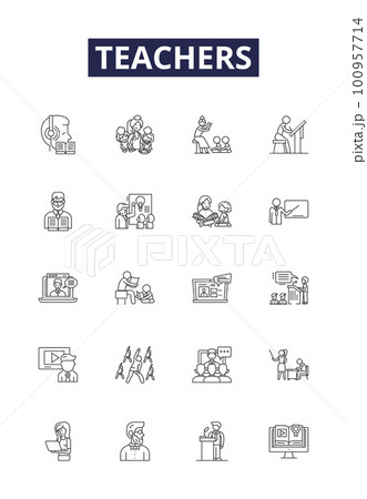 Teachers line vector icons and signs. Educator, Tutor, Facilitator, Lecturer, Mentor, Professor, Guide, outline vector illustration set Teachers line vector icons and signs. Educator, Tutor, Facilitator, Lecturer, Mentor, Professor, Guide, outline vector illustration set 100957714