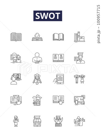 Swot line vector icons and signs. swot, analysis, weakness, strategy, vector, icon, company,symbol outline vector illustration set 100957715