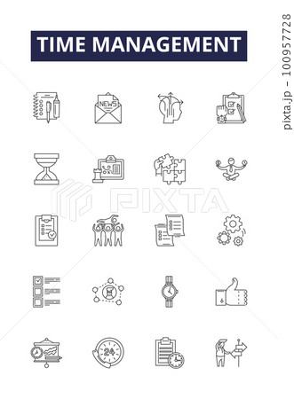 Time management line vector icons and signs. Organizing, Prioritizing, Planning, Delegating, Streamlining, Allocating, Blocking, Concentrating outline vector illustration set Time management line vector icons and signs. Organizing, Prioritizing, Planning, Delegating, Streamlining, Allocating, Blocking, Concentrating outline vector illustration set 100957728