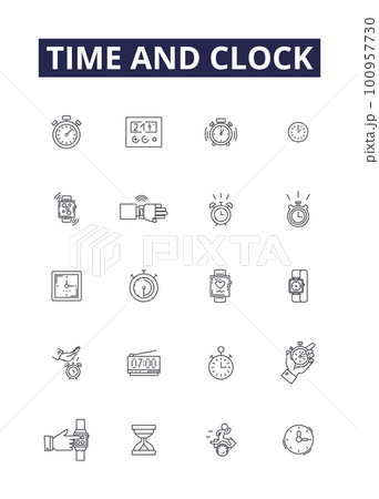 Time and clock line vector icons and signs. clockTime, Clock, Chronometer, Chronology, Hour, Seconds, Minutes, Timescale outline vector illustration set 100957730