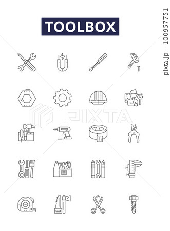 Toolbox line vector icons and signs. Chest, Kit, Box, Garage, Workbench, Wrench, Sockets, Screwdrivers outline vector illustration set Toolbox line vector icons and signs. Chest, Kit, Box, Garage, Workbench, Wrench, Sockets, Screwdrivers outline vector illustration set 100957751
