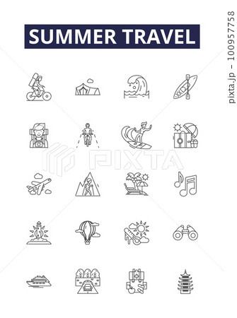 Summer travel line vector icons and signs. Holidays, Sightseeing, Adventures, Exploring, Trekking, Wilderness, Scenic, Cruise outline vector illustration set 100957758