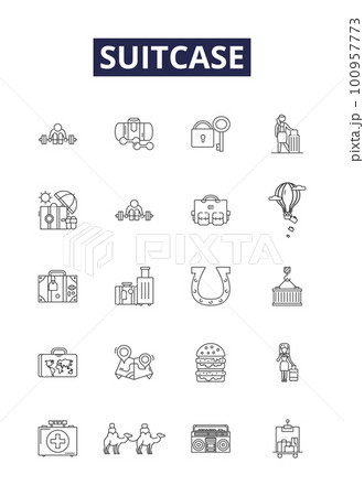 Suitcase line vector icons and signs. Bag, Trunk, Container, Crate, Valise, Box, Satchel, Package outline vector illustration set 100957773