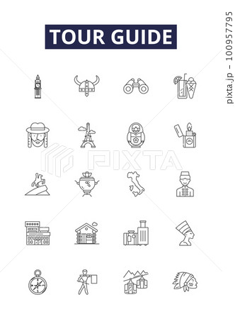 Tour guide line vector icons and signs. Guide, Escort, Guidebook, Guidepost, Pilot, Mentor, Explorer, Connoisseur outline vector illustration set Tour guide line vector icons and signs. Guide, Escort, Guidebook, Guidepost, Pilot, Mentor, Explorer, Connoisseur outline vector illustration set 100957795
