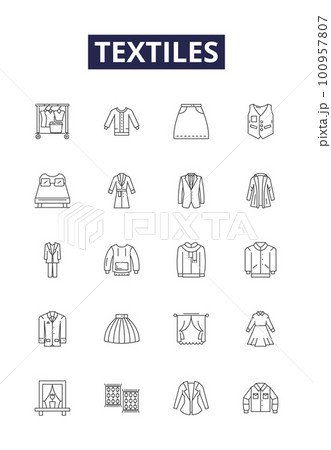Textiles line vector icons and signs. Cloth, Garment, Linen, Woollen, Yarn, Cotton, Thread, Weave outline vector illustration set Textiles line vector icons and signs. Cloth, Garment, Linen, Woollen, Yarn, Cotton, Thread, Weave outline vector illustration set 100957807