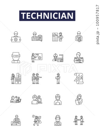 Technician line vector icons and signs. Engineer, Technician, Specialist, Repairman, Serviceperson, Craftsman, Installer, Analyst outline vector illustration set 100957817