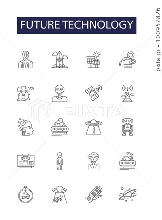 Future technology line vector icons and signs. Robotics, Nanotechnology, Biotechnology, Autonomous, Digitalization, Automation, Wearables, Clouds outline vector illustration set 100957826